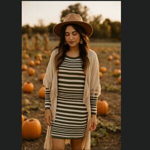 French Connection Olive Green and White Sheath Knit Dress Long Sleeve Crew Neck